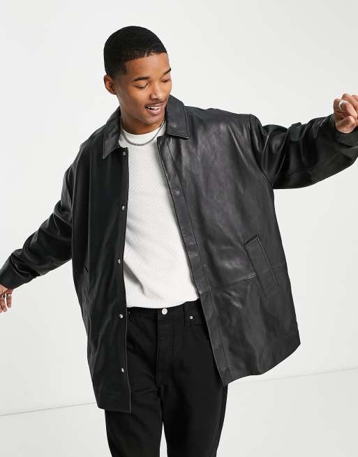ASOS DESIGN – Svart, lång tränarjacka i äkta läder och oversize 