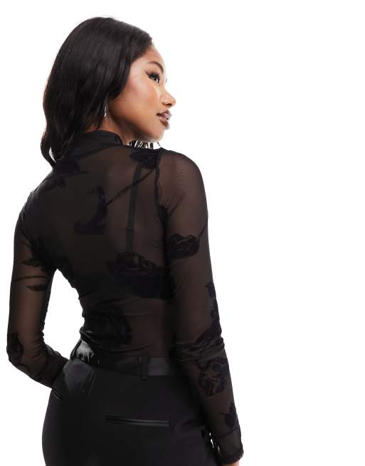 ASOS DESIGN – Svart långärmad body i mesh med hög krage och blommig flockning, 4 av 4