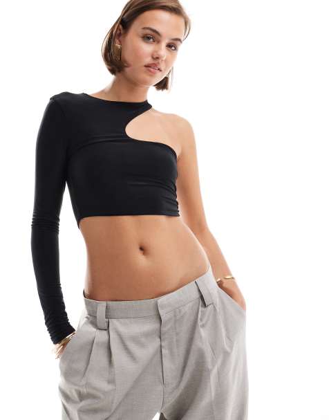 ASOS DESIGN – Svart, långärmad, enärmad topp med asymmetriska utskurna detaljer - view 1