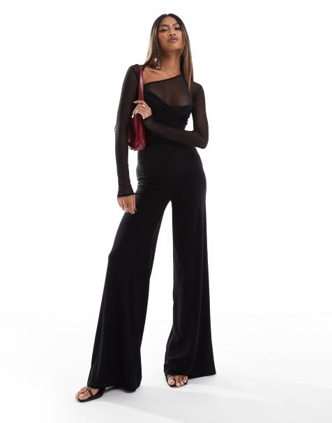 ASOS DESIGN – Svart, långärmad jumpsuit i meshmix och snurrad detalj vid bysten - view 1