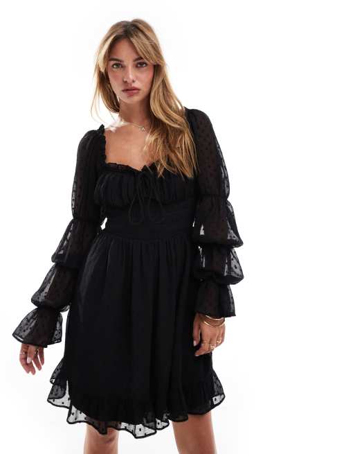 ASOS DESIGN – Svart långärmad miniklänning i dobbyväv med milkmaid-design och smockad midja, 3 av 4