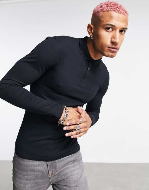 ASOS DESIGN – Svart långärmad pikétröja i ekologisk bomullsmix och muscle fit - SVART