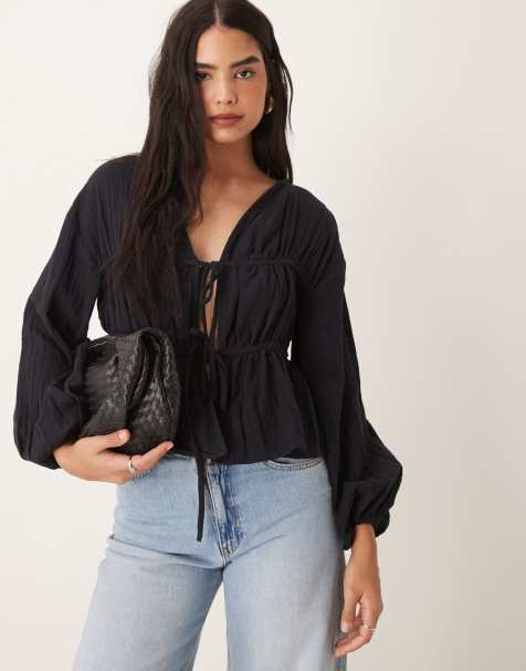 ASOS DESIGN – Svart långärmad smocktopp med knytband - view 1