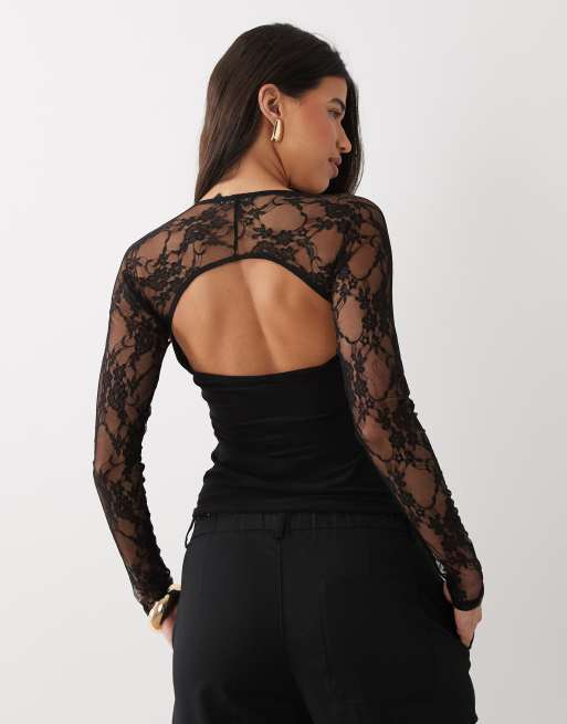 ASOS DESIGN – Svart, långärmad spetstopp med hjärtformad ringning, 4 av 4