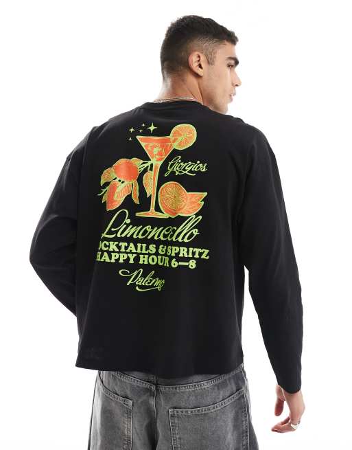 ASOS DESIGN – Svart, långärmad t-shirt i oversize med boxig passform och limoncello-tryck baktill