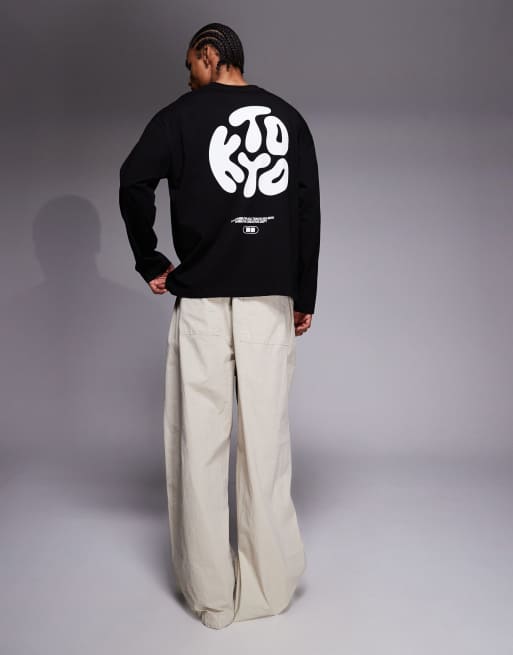 ASOS DESIGN – Svart, långärmad t-shirt i oversized fit med bubbligt Kyoto-texttryck, 2 av 5
