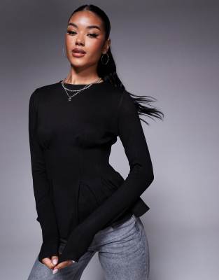 ASOS DESIGN – Svart, långärmad topp i courtelle med veck i midjan - view 1