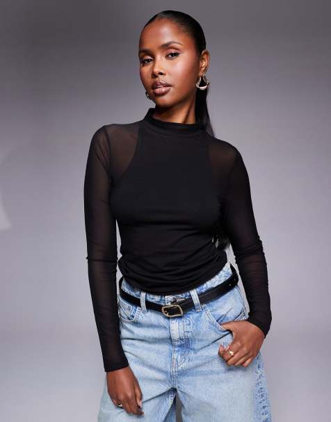 ASOS DESIGN – Svart, långärmad topp i mesh med brottarringad design - view 1