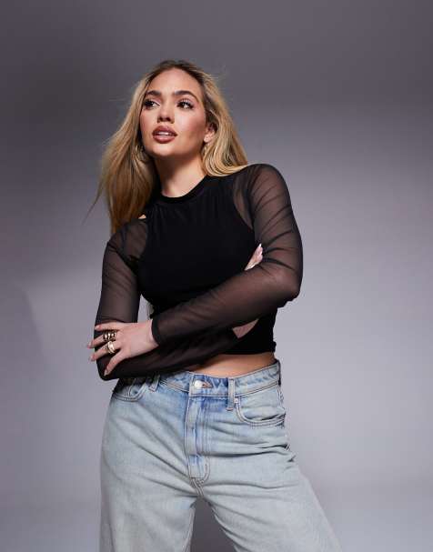 ASOS DESIGN – Svart, långärmad topp i mesh med halvpolokrage i flera lager - view 1