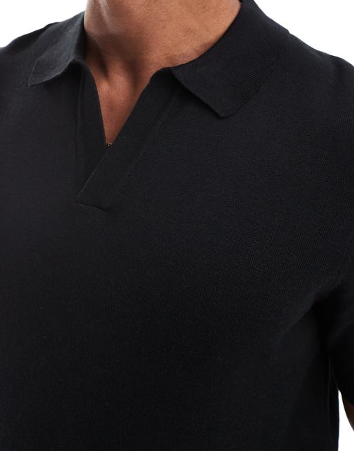 ASOS DESIGN – Svart lättstickad pikétröja i bomull med sprund vid halsen, 3 av 4