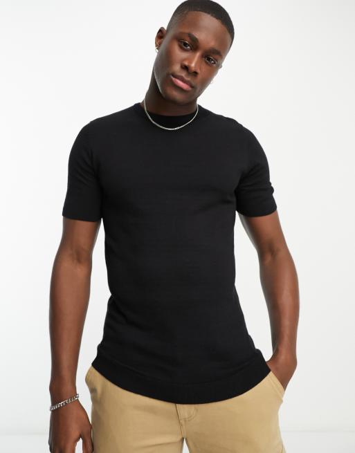 ASOS DESIGN – Svart lättstickad t-shirt i bomull och muscle fit