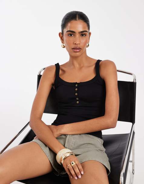 ASOS DESIGN – Svart linne i seamless design med fyrkantig halsringning och knappdetalj - view 1