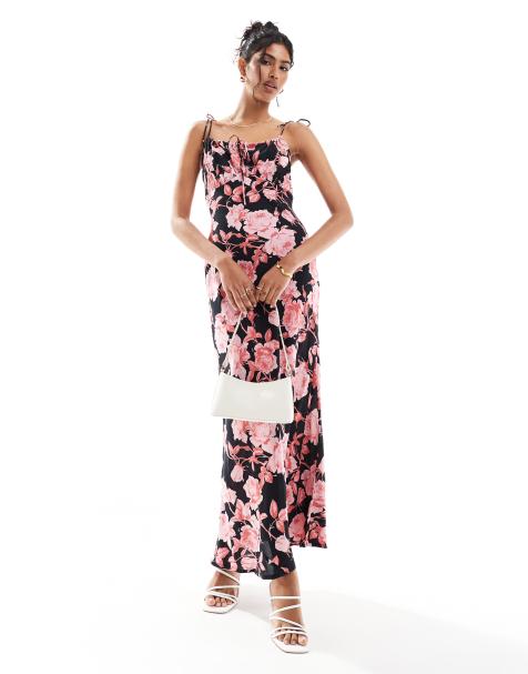ASOS DESIGN – Svart maxi-slipklänning med rynkad byst och blommigt mönster - view 1