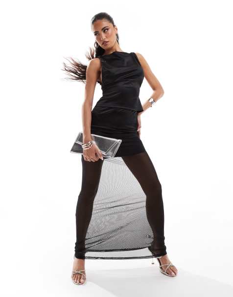 ASOS DESIGN – Svart maxikjol i stretchig satin med skir fåll i mesh, del av set - view 1
