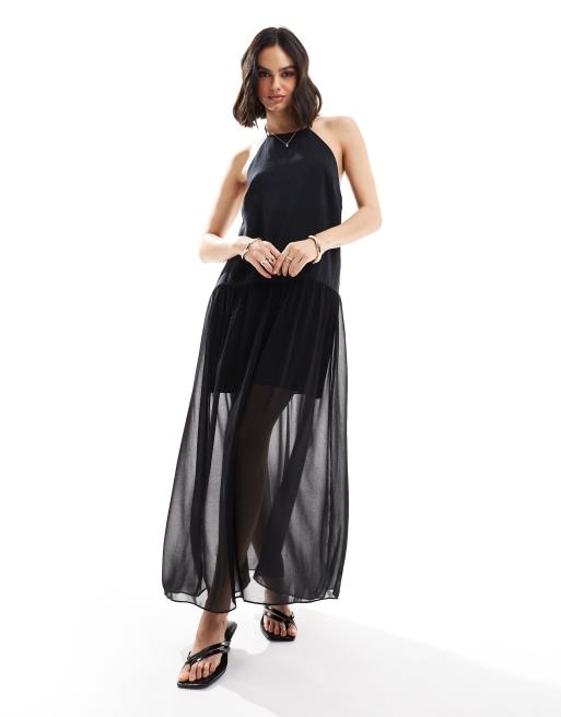 ASOS DESIGN – Svart maxiklänning i cupro och chiffong med halterneck och trapetsdesign