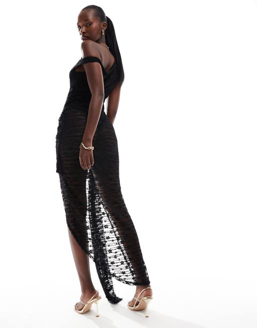 ASOS DESIGN – Svart maxiklänning i off shoulder-modell med body och sarongkjol, 3 av 4