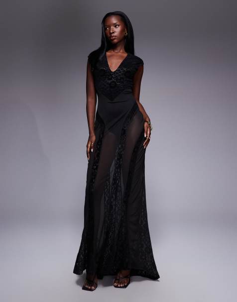 ASOS DESIGN – Svart maxiklänning med djup ringning, skir spetskjol och låg rygg i sammet - view 1