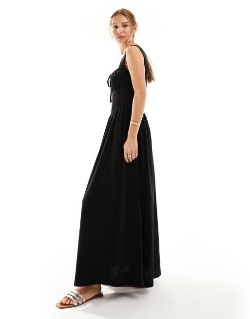 ASOS DESIGN – Svart maxiklänning med fyrkantig ringning, rynkad byst och spetsinfällningar, 4 av 4