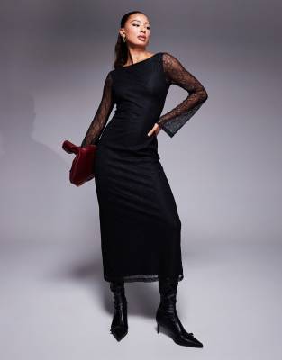 ASOS DESIGN – Svart midaxiklänning i spets med utsvängda ärmar - view 1