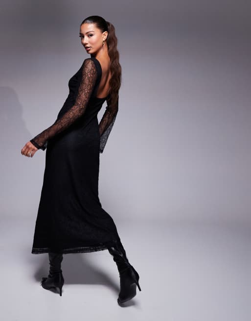 ASOS DESIGN – Svart midaxiklänning i spets med utsvängda ärmar, 4 av 4