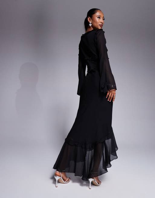 ASOS DESIGN – Svart midaxiklänning med asymmetrisk fåll, volang och knytning framtill, 2 av 4