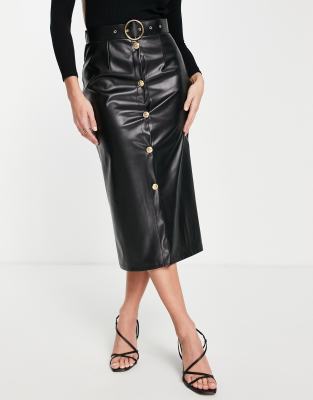 ASOS DESIGN – Svart midi-kjol med läderlook och knappar framtill 