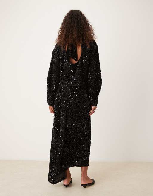 ASOS DESIGN – Svart midikjol i sammet med paljetter och omlottdesign, del av set, 3 av 5