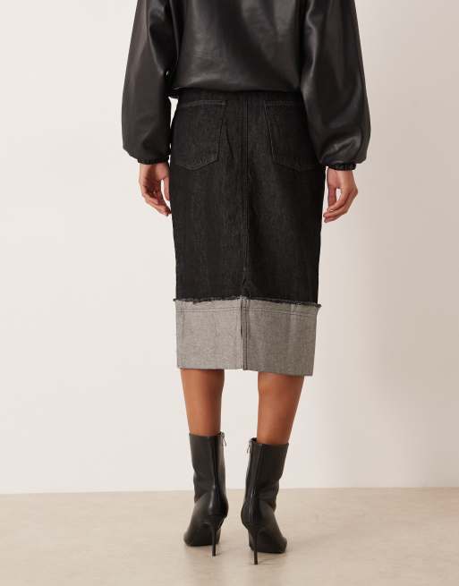 ASOS DESIGN – Svart midikjol med uppvikt kant och sliten fåll, 5 av 5