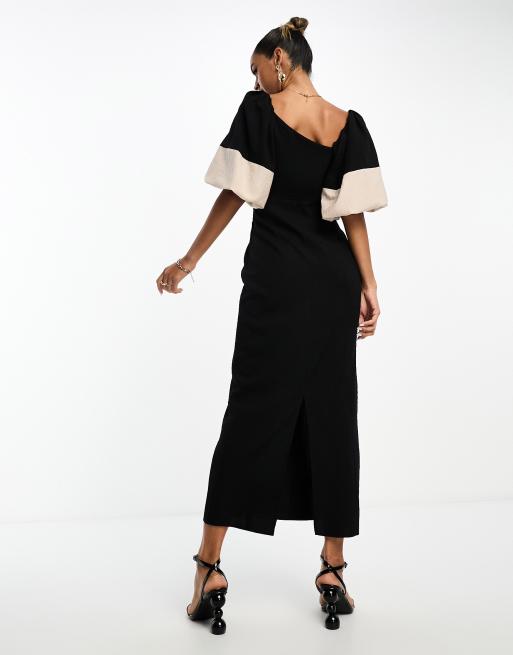 ASOS DESIGN – Svart midiklänning med asymmetrisk halsringning och kontrastfärgad ärm , 3 av 4