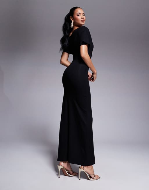 ASOS DESIGN – Svart midiklänning med asymmetriska holkärmar och slits, 4 av 4