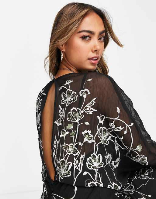 ASOS DESIGN – Svart midiklänning med blommiga broderier och pingvinärmar, 4 av 4