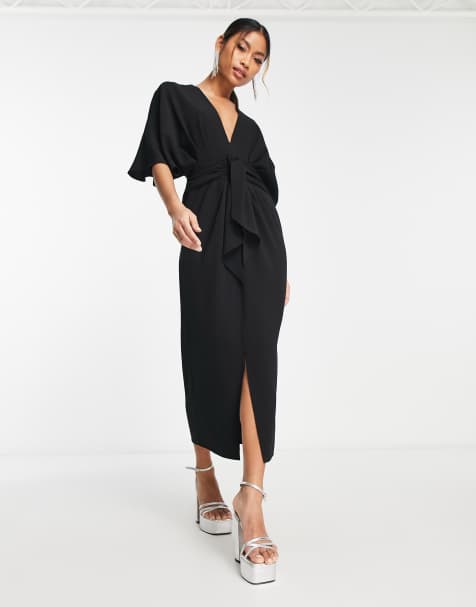 ASOS DESIGN – Svart midiklänning med djup urringning, pingvinärmar och knytning framtill av crepe - view 1