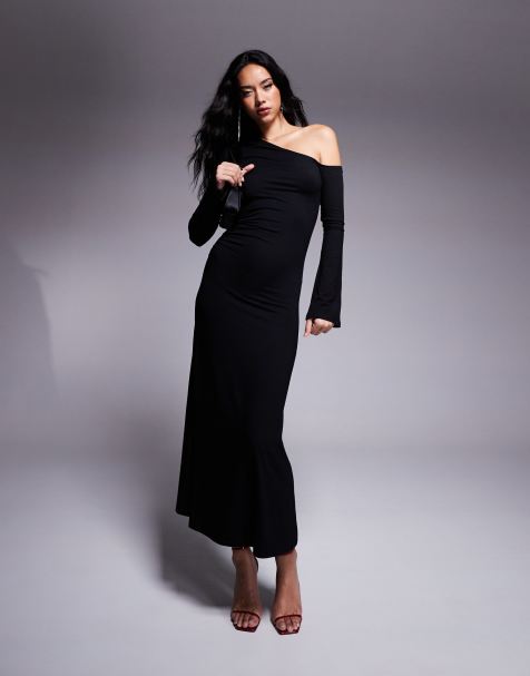 ASOS DESIGN – Svart midiklänning med hög, asymmetrisk ringning och utställda ärmar - view 1