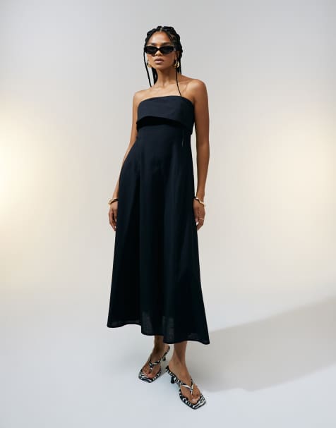 ASOS DESIGN – Svart midiklänning med nedvikt bandeauringning - view 1