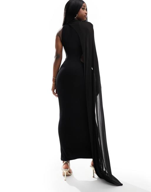 ASOS DESIGN – Svart midiklänning med scarf och cape-detalj, 3 av 4