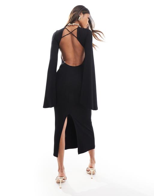 ASOS DESIGN – Svart midiklänning med vida ärmar och korsade band baktill, 2 av 4