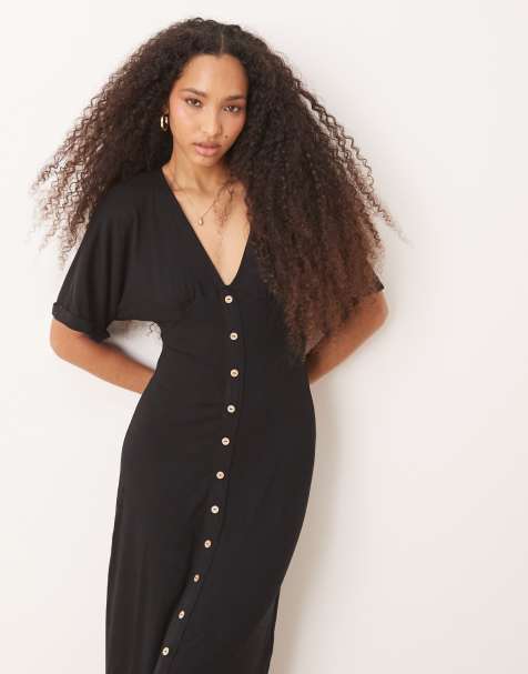 ASOS DESIGN – Svart midilång sommarklänning med upprullad ärm och knäppning - view 1