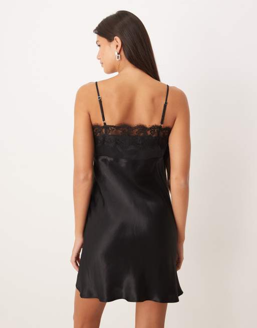 ASOS DESIGN – Svart mini-slipklänning i satin och spetsmix, 4 av 4