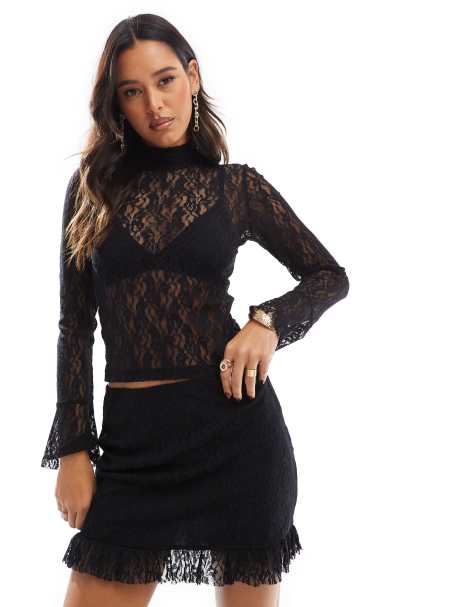 ASOS DESIGN – Svart minikjol med volangfåll i spets, del av set - view 1