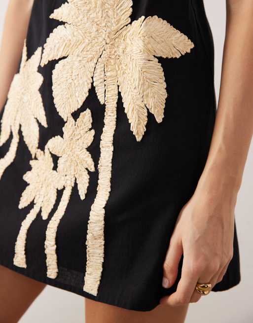 ASOS DESIGN – Svart miniklänning med axelband och palmdetaljer i raffia, 2 av 4