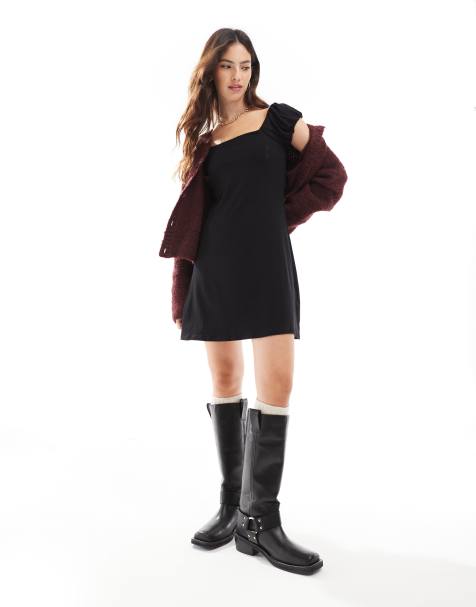 ASOS DESIGN – Svart miniklänning med puffärmar och fyrkantig ringning - view 1