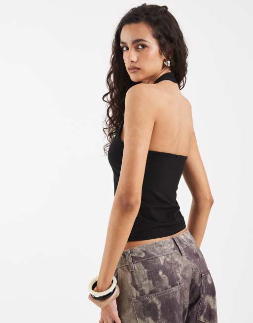 ASOS DESIGN – Svart, minimalistisk topp i två lager med halterneck, 4 av 4