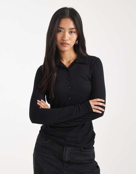 ASOS DESIGN – Svart, mjuk och halvskir pikétröja med långa ärmar - view 1