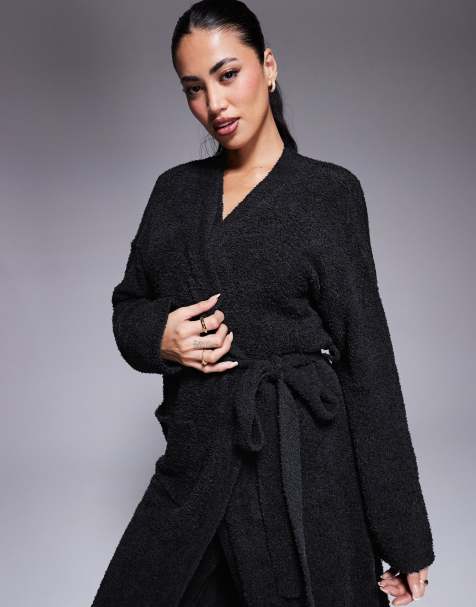 ASOS DESIGN – Svart, mysig morgonrock - view 1