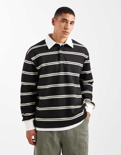 ASOS DESIGN – Svart och gräddvit pikétröja i oversize med kontrasterande krage och randigt mönster - view 1