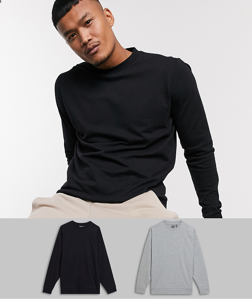 ASOS DESIGN – Svart och gråmelerad sweatshirt med tunt material i 2-pack-Flerfärgad