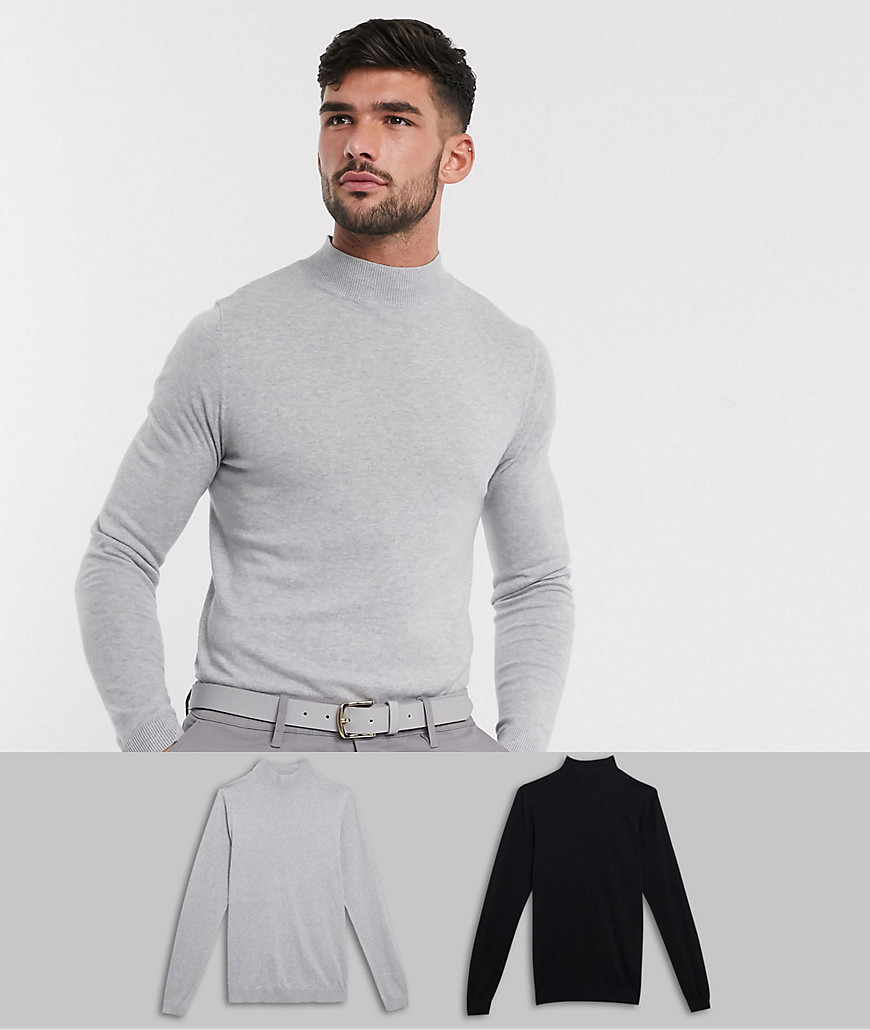 ASOS DESIGN – Svart och gråmelerade tröjor av bomull med halvpolokrage i 2-pack spara-Flerfärgad