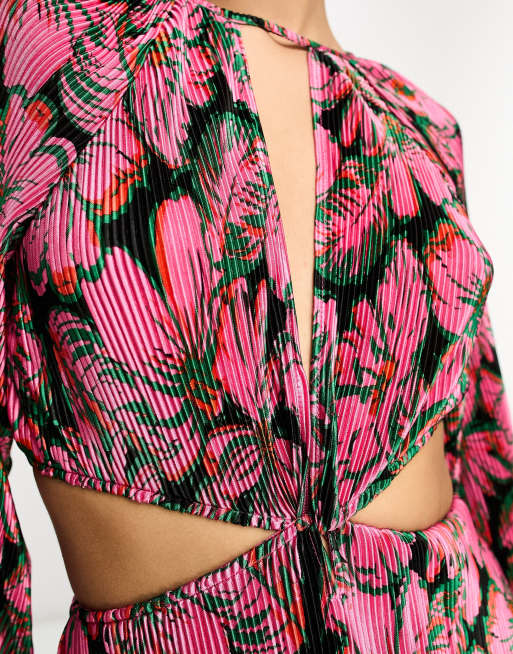 ASOS DESIGN – Svart och lila, blommig maxiklänning med plissering, volymärmar och utskurna detaljer , 4 av 4