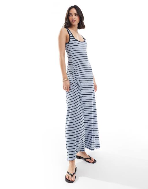 ASOS DESIGN – Svart och marinblå, randig midiklänning med smala axelband, ryschad knytning och sidosplit