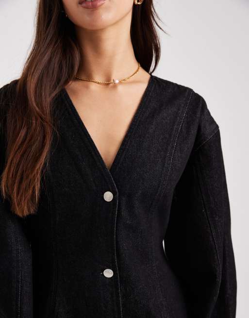 ASOS DESIGN – Svart och naturvit, skulpterad jeanstopp med cocoon-ärmar, 3 av 4